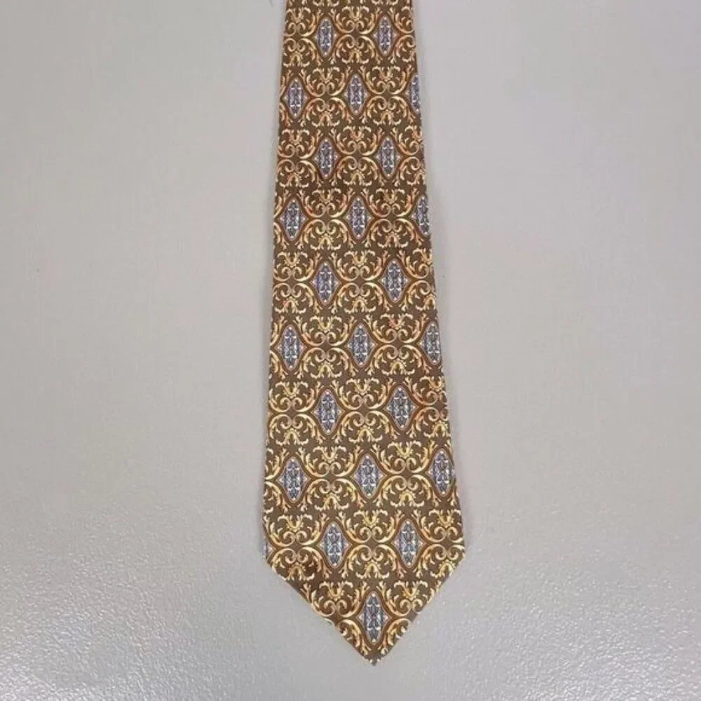 CHRISTIAN DIOR MENS SILK TIE BROWN GOLD MULTICOLORED DESIGN